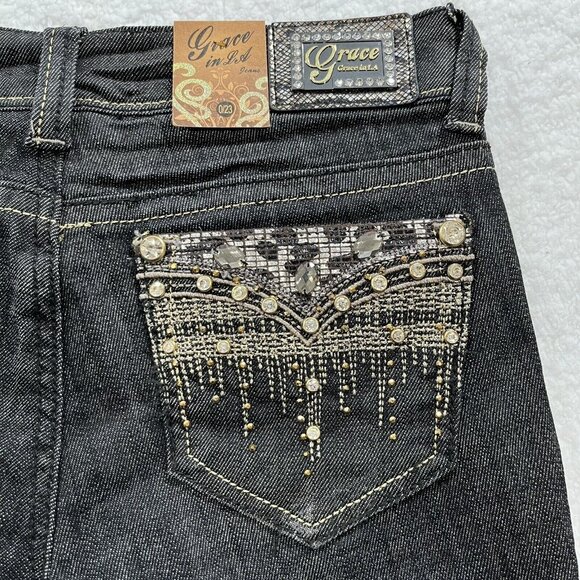 Grace in LA Women's Y2K Stunned Rhinestone Skinny Jeans Size 0/23 Black NWT - Picture 7 of 12
